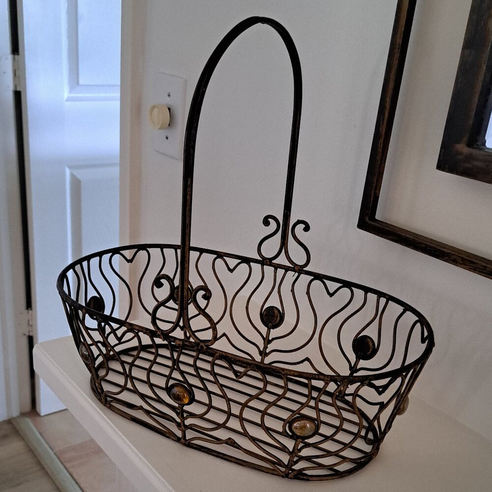 Vintage Distressed Elongated Metal Basket Scrolled with Iridescent Beads